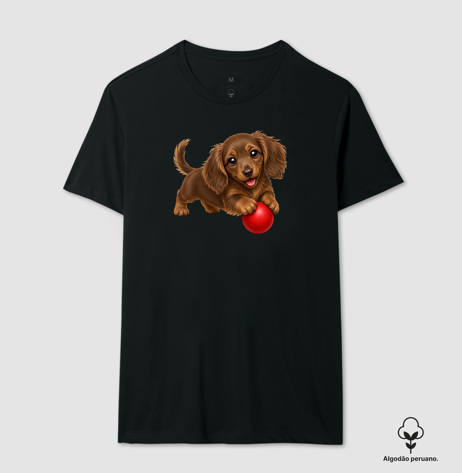 Dachshund Pelo Longo Marrom - Desenho Animado - Camiseta Algodão Peruano