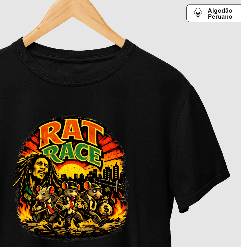 Camiseta Rat Race.  Coleção Reggae Music. Masculina e Feminina.. Algodão Peruano.
