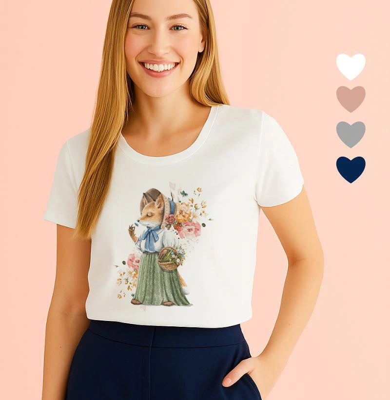 Camiseta Feminina Ilustrada Raposa Chapéu