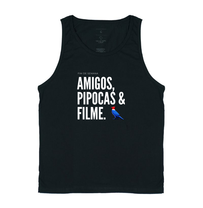  Essa estampa combina com quem tem um estilo urbano e alegre. É uma peça que comunica personalidade e bom humor, ótima para usar em encontros de fim de semana ou para presentear alguém que adora cinema e diversão.  - Regata