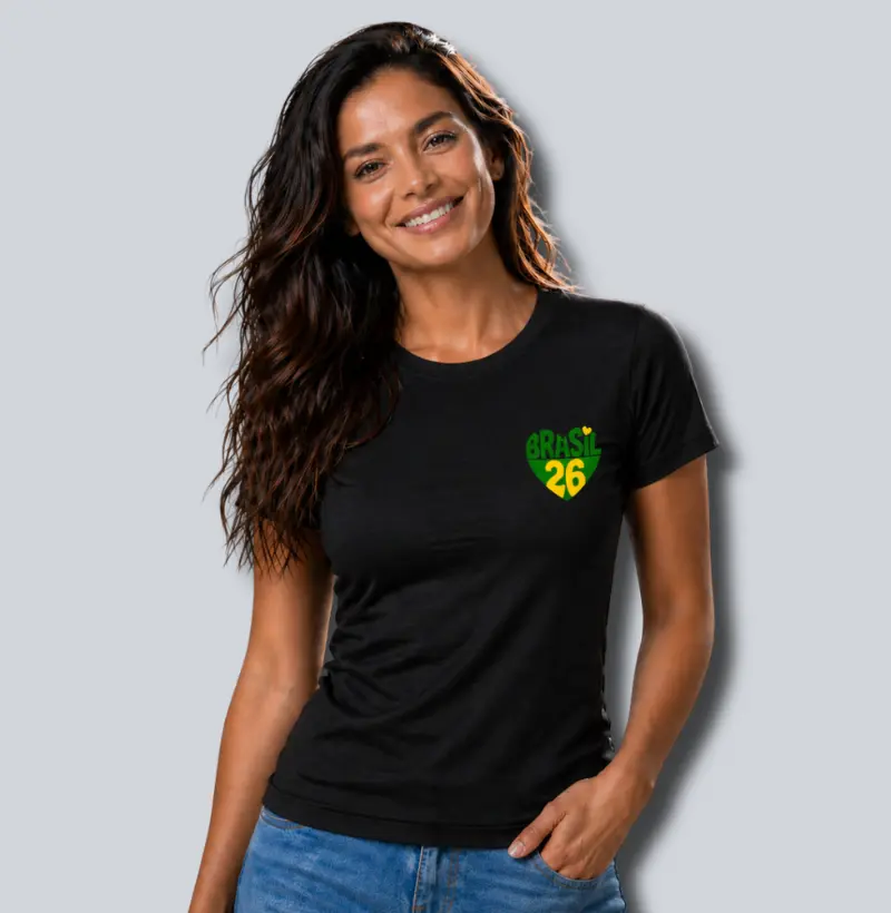 Camiseta Brasil 26 Coração – Estampa de Bolso Minimalista Premium - Baby Look e Unissex