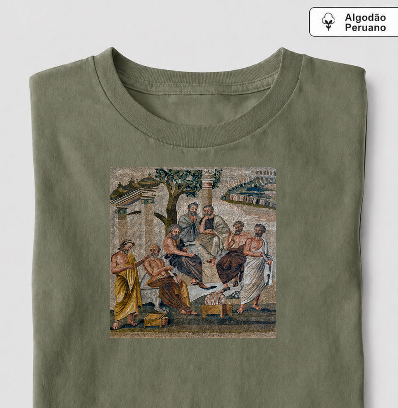 A Academia de Platão — Mosaico de Pompeia - Camiseta Algodão Peruano