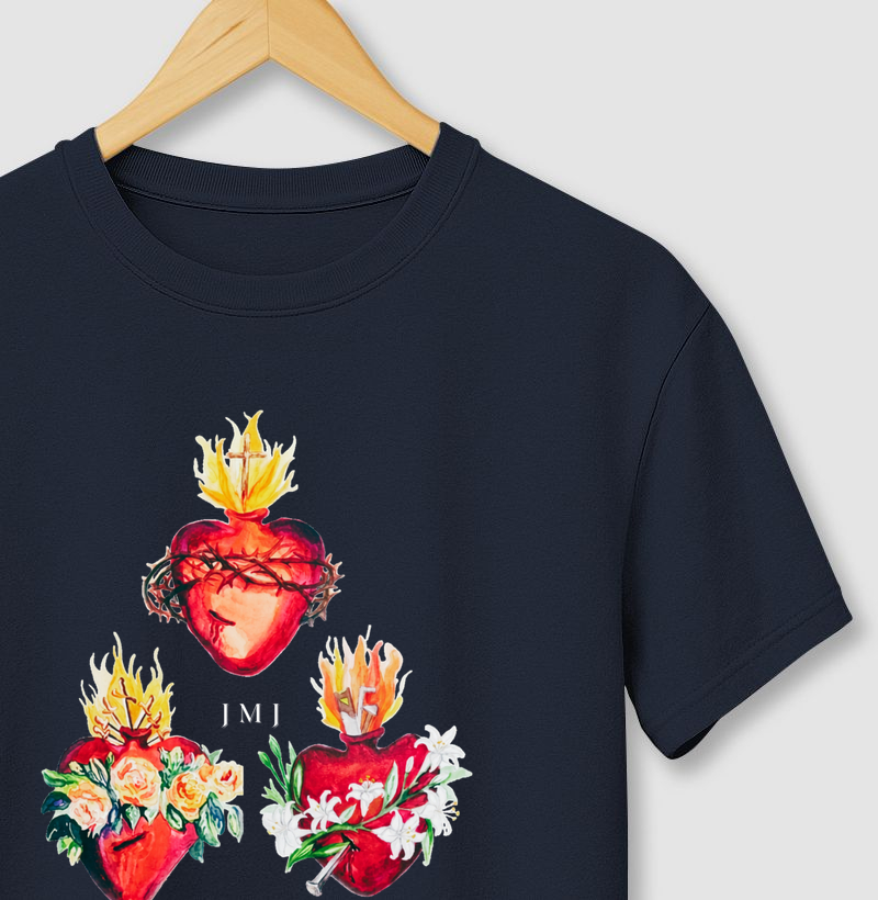 Camiseta Sagrado Coração de Jesus, Imaculado Coração de Maria e Castíssimo Coração de São José