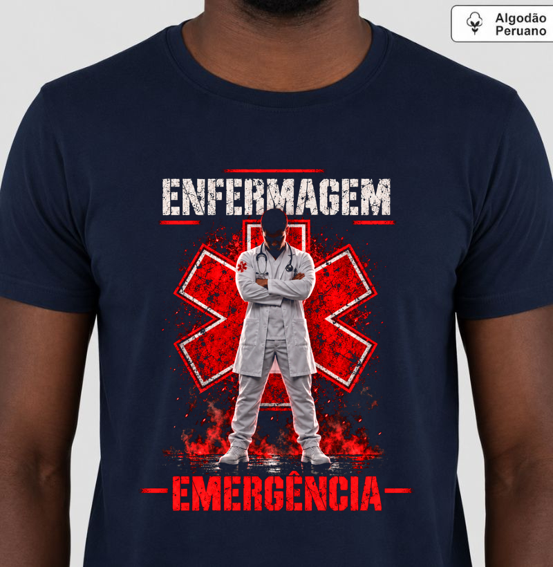 Enfermagem em Emergência - Homem Moreno - Camiseta Algodão Peruano