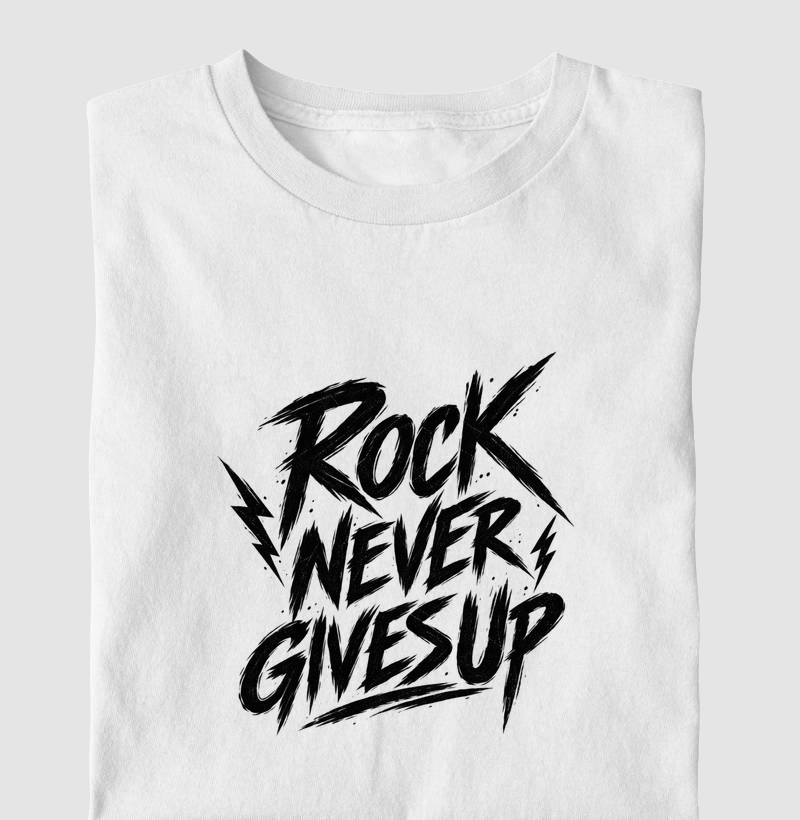 Camiseta Rock Never Gives Up – Estampa Rock em Letras Brancas Estilo Vintage - Camiseta
