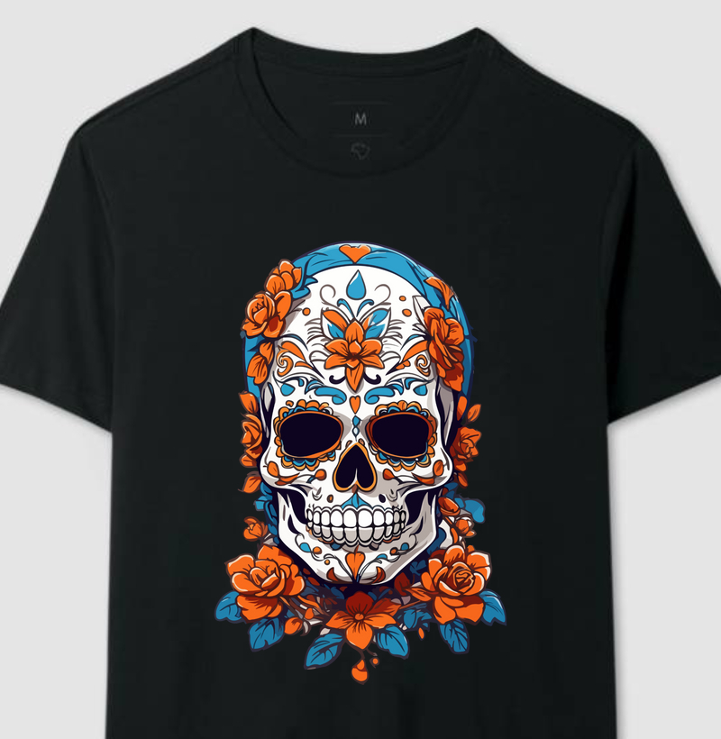 Coleção Caveiras Mexicanas - Lenço Azul + Flores Laranja