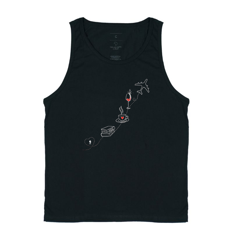 Camiseta Livro Cafe Vinho Aviao | Rota da Vida Viajante | Colecao Viciados em Viagem
