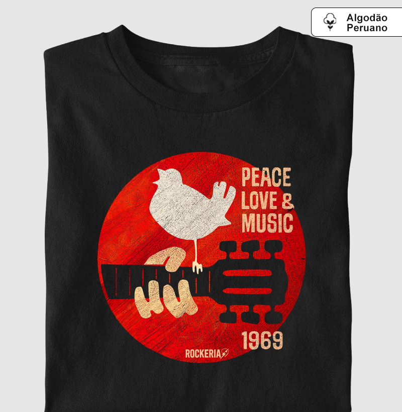 Camiseta Algodão Peruano Peace, Love and Music