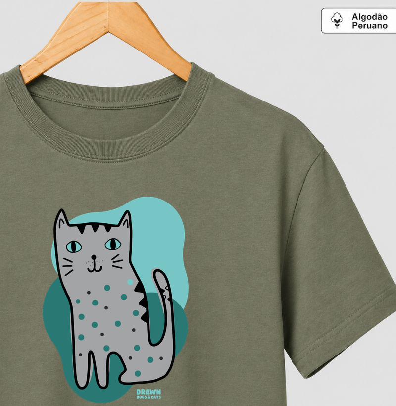 Desenho de gato cinza com fundo verde