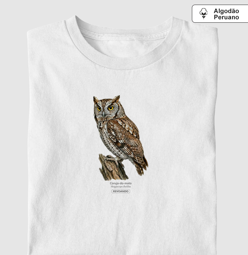 Traços Alados - Coruja-do-mato - Algodão Peruano - Camiseta Algodão Peruano