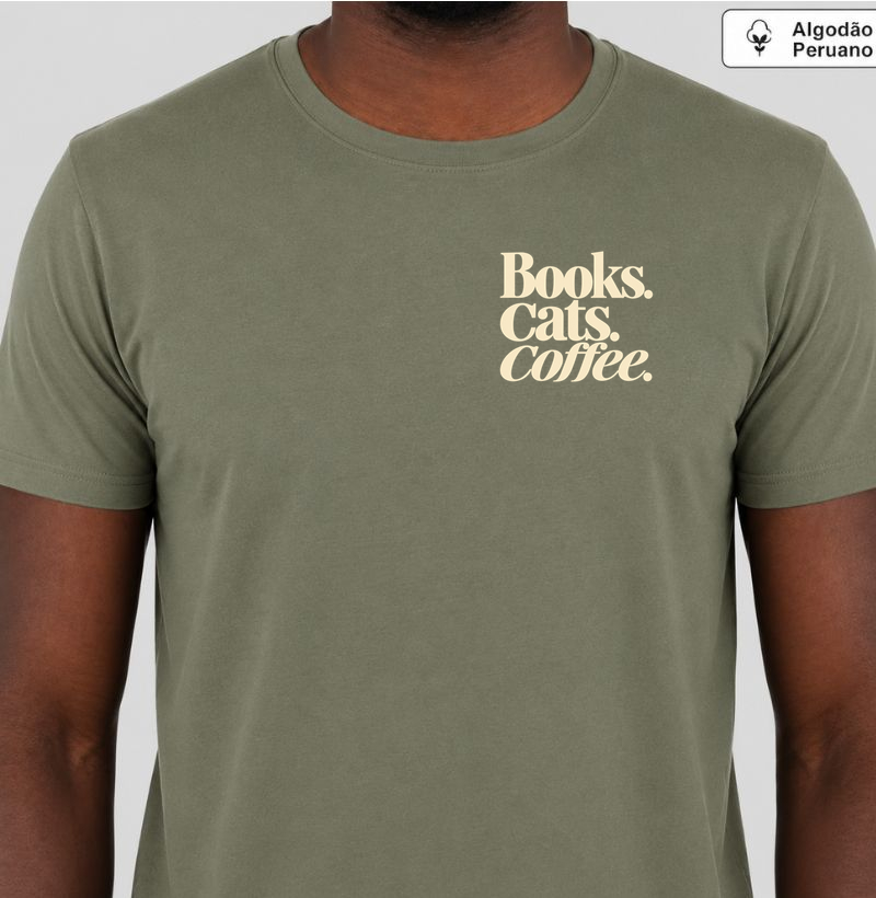 books, cats, coffee - Camiseta Algodão Peruano