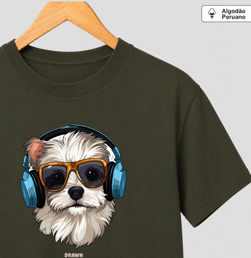 Shih Tzu de phone e óculos escuro - Camiseta Algodão Peruano