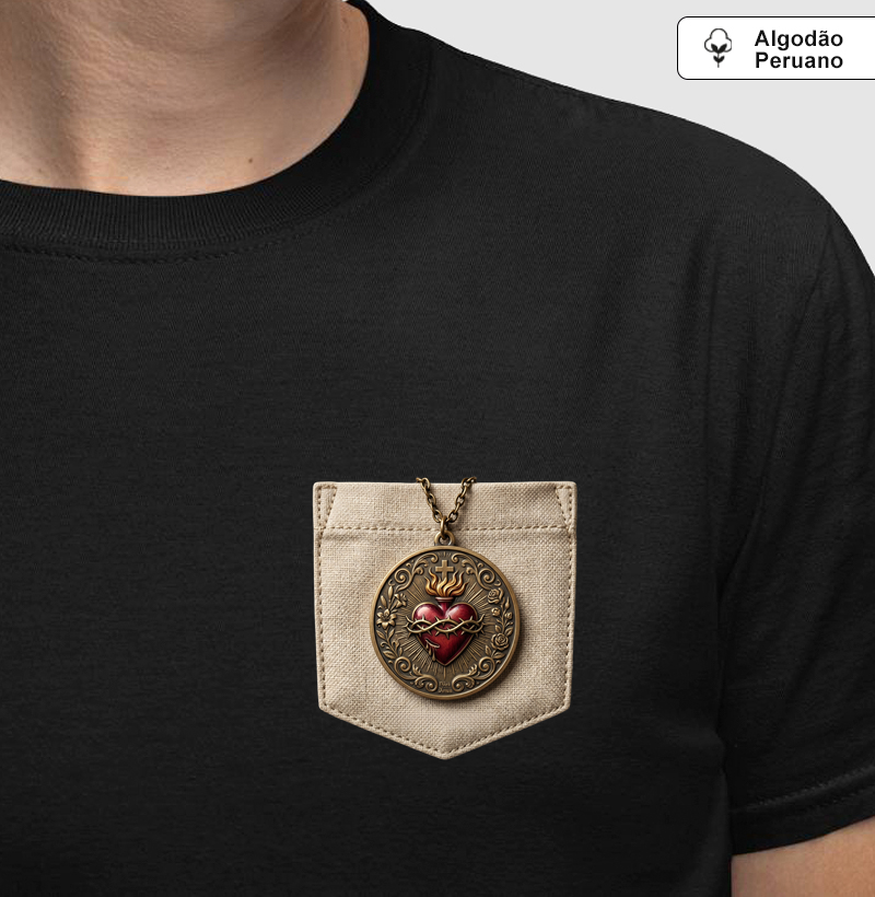 Camiseta Algodão Peruano Medalhão do Sagrado Coração de Jesus