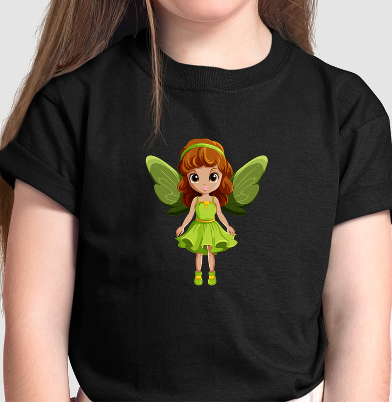 Camiseta Infantil Fadinha Verde. Coleção Kids. Meninos e Meninas. Algodão Premium.