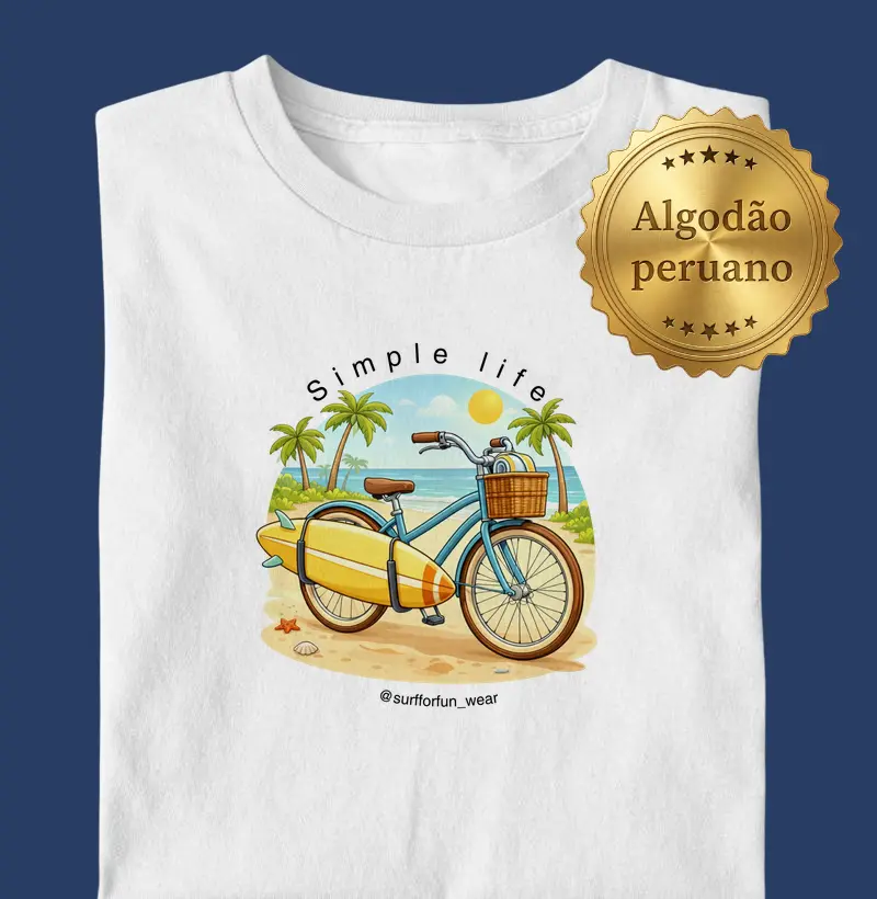 Camiseta Estampada "Simple Life" - Estilo Surfwear com Bicicleta e Prancha - Surf For Fun Wear