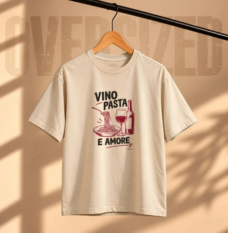 Camiseta Oversized Vinho - Vino, Pasta e Amore - Camiseta Oversized