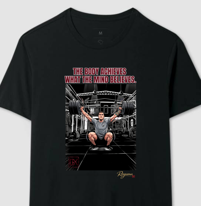 Camiseta Masculina e Feminina Crossfit "The body achieves what the mind believes" - Algodão 100% 