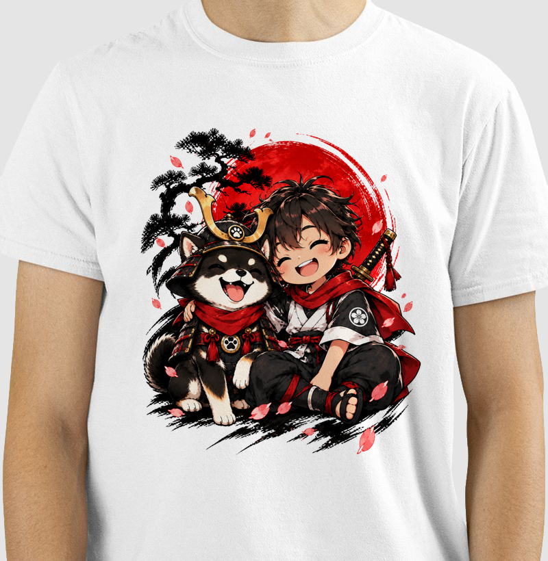 Pequeno Samurai & Shiba — Amigos de Honra (Preto) - Camiseta