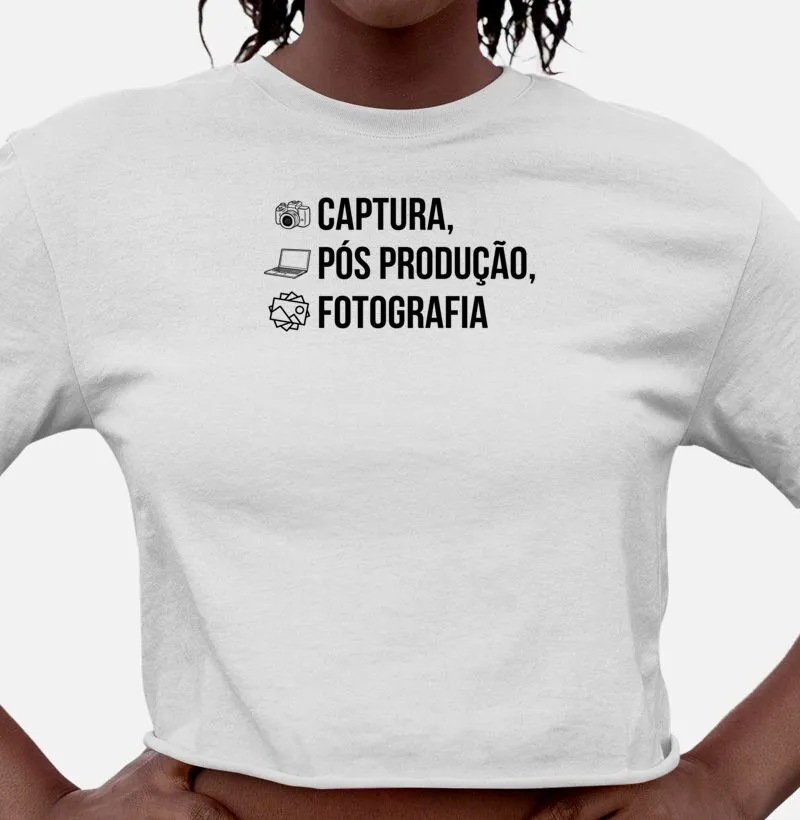 Camiseta feminina cropped captura, pós produção, fotografia