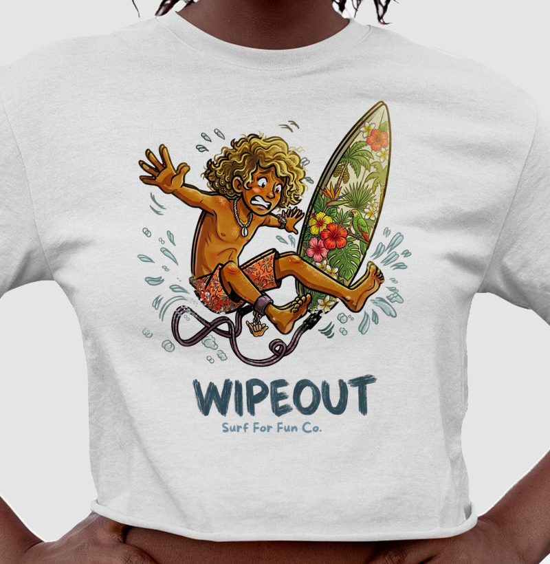 Estampa Exclusiva Surf "WIPEOUT" - Camiseta Masculina de Alta Qualidade - Top Cropped Feminino - Cropped