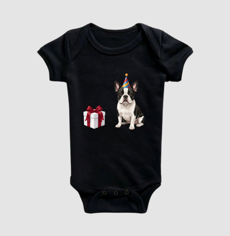 Bulldog (Buldogue) Francês Preto e Branco - Aniversário - Body Infantil