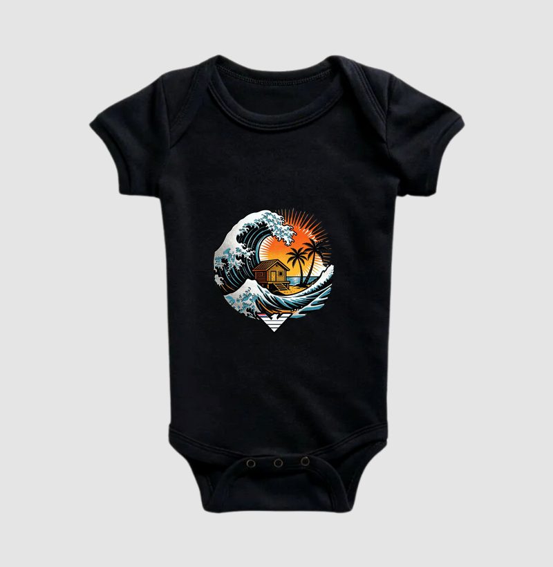 Casa no paraíso - estampa exclusiva Lahu. Onde o mar abraça o lar - vibe, força e brasilidade em cada traço! Sente a força do mar, o calor do sol nas costas e aquela sensação de chegar no lugar onde pertence. - Body Infantil