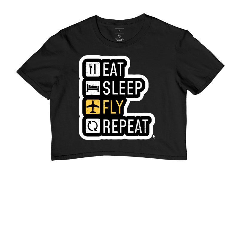 Camiseta Eat Sleep Fly Repeat | Rotina do Viajante Viciado | Colecao Viciados em Viagem