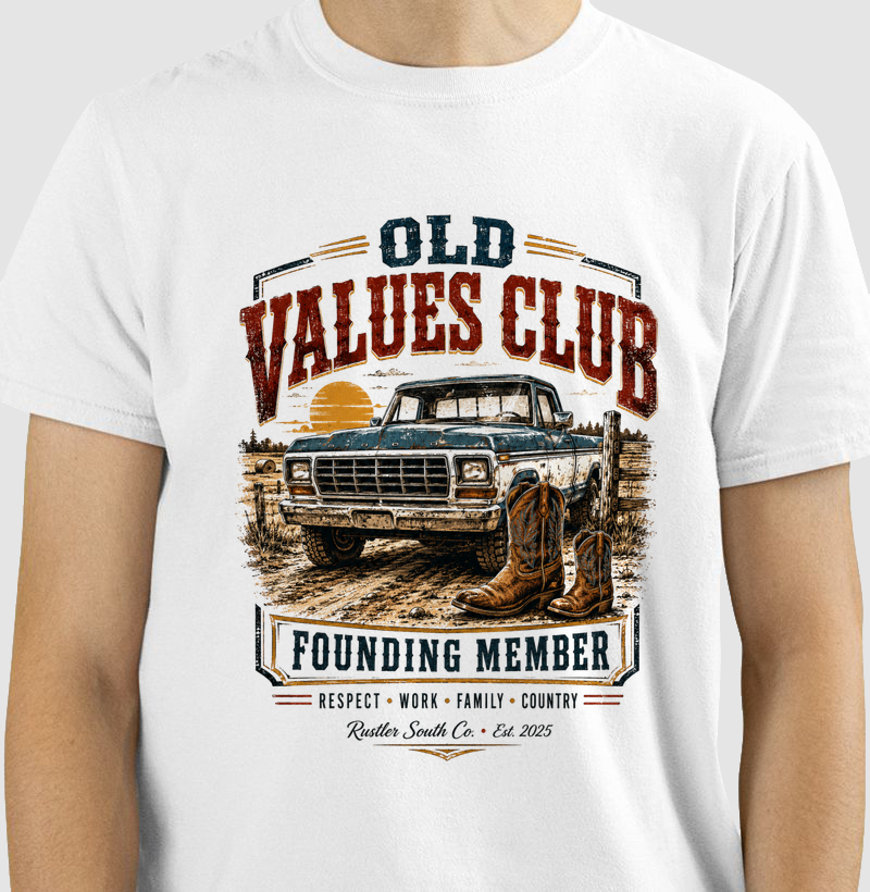 Camiseta Country Masculina Dia dos Pais Old Values Club Founding Member Rustler South Co.