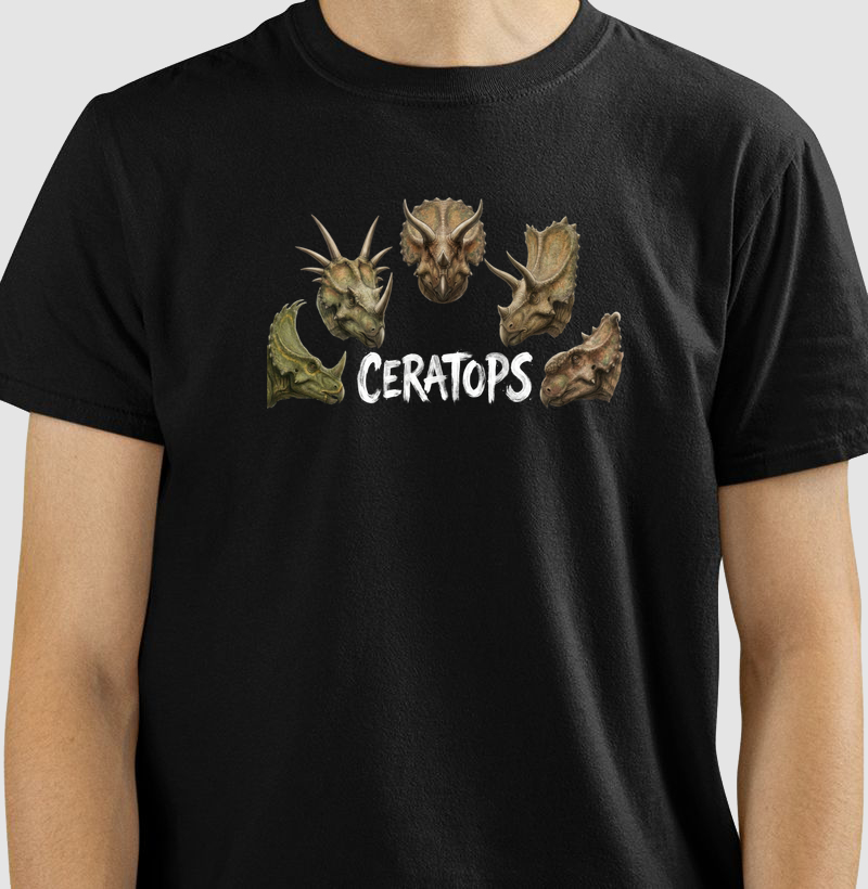 Camiseta Dinossauro Ceratops Preta Algodão Premium Dinoloco