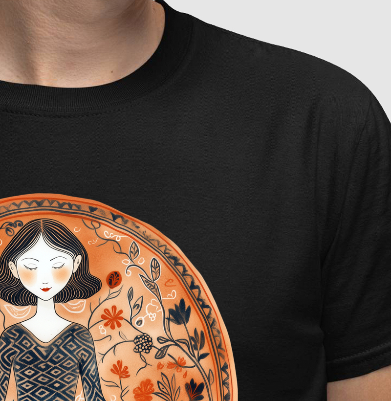 Guidí meditando com um gato. Fundo floral laranja