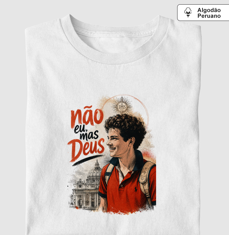Camiseta Algodão Peruano Carlo Acutis Não Eu, Mas Deus
