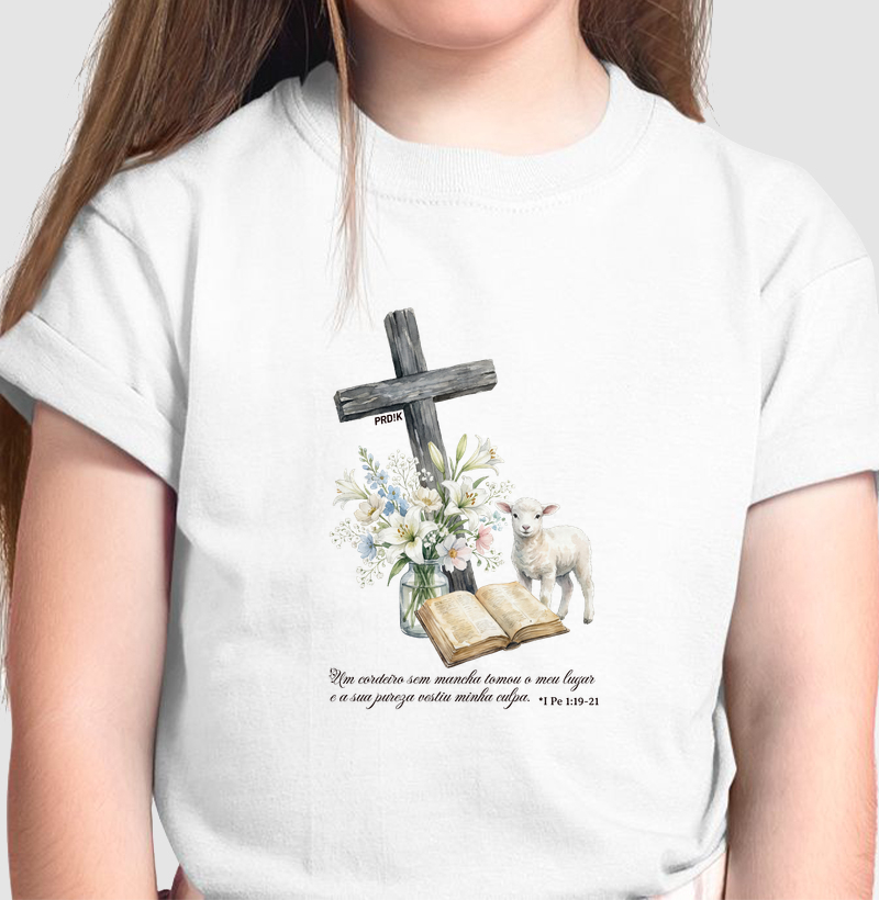Camiseta Infantil com Estampa - O Cordeiro Vestiu Minha Culpa