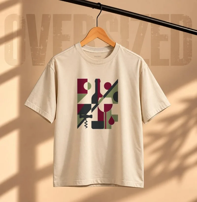 Camiseta Oversized Wine Geometric Art – Design Minimalista com Vinho - Camiseta Oversized