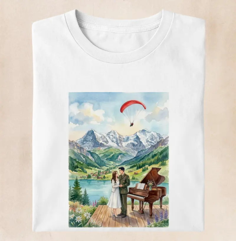 Camiseta aquarela - Suíça, piano, coreia do sul e do norte, casal, pousando