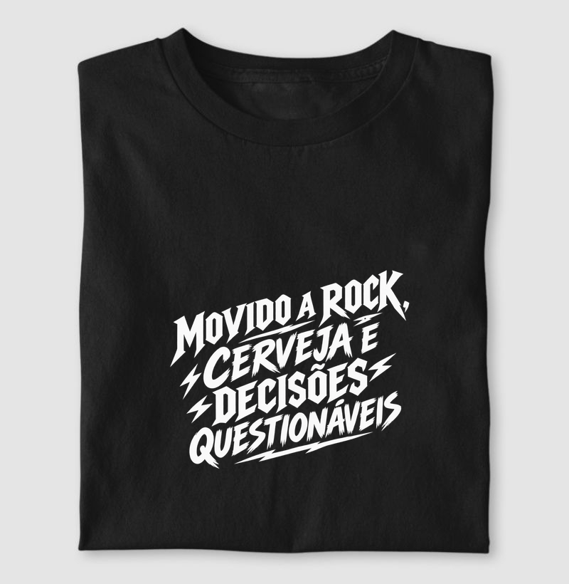 Camiseta Movido a Rock – Cerveja e Decisões Questionáveis