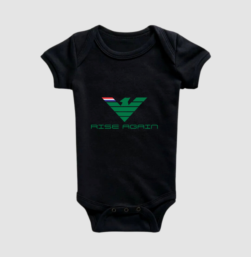 🌿 RISE AGAIN | Estampa Exclusiva  Renove seu estilo com a poderosa estampa RISE AGAIN, uma arte que representa superação, evolução e a capacidade de sempre se reerguer. Com design geométrico moderno em verde intenso e detalhes inspirados nas cores da Tailândia, esta composição transmite energia, equilíbrio e determinação. - Body Infantil