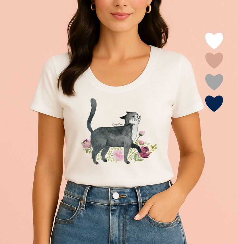 Camiseta Feminina Ilustrada Gato Curioso