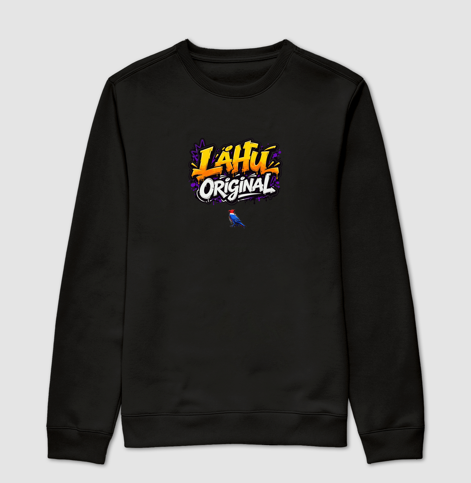 O grafite LÄHU Original brilha em tons vibrantes de laranja e roxo, traduzindo energia e movimento. Mistura perfeita entre arte de rua e moda contemporânea, feita para quem vive o estilo com propósito. - Suéter Moletom