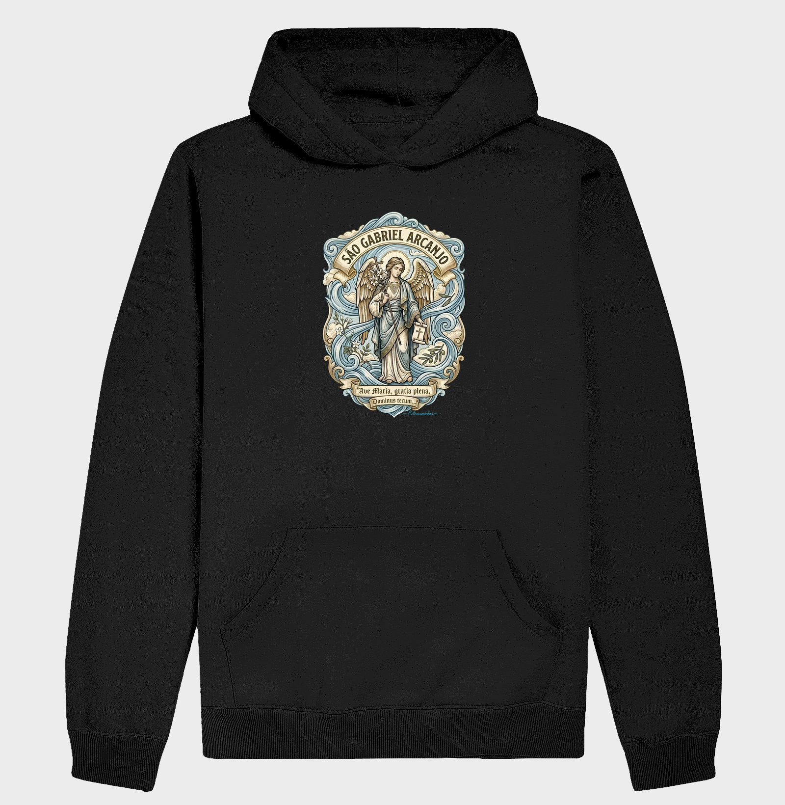São Gabriel Arcanjo – Ar(Vento,Sopro, Anúncio) | Ave Maria Gratia Plena e Arte Sacra com Simbologia Botânica - Hoodie Moletom