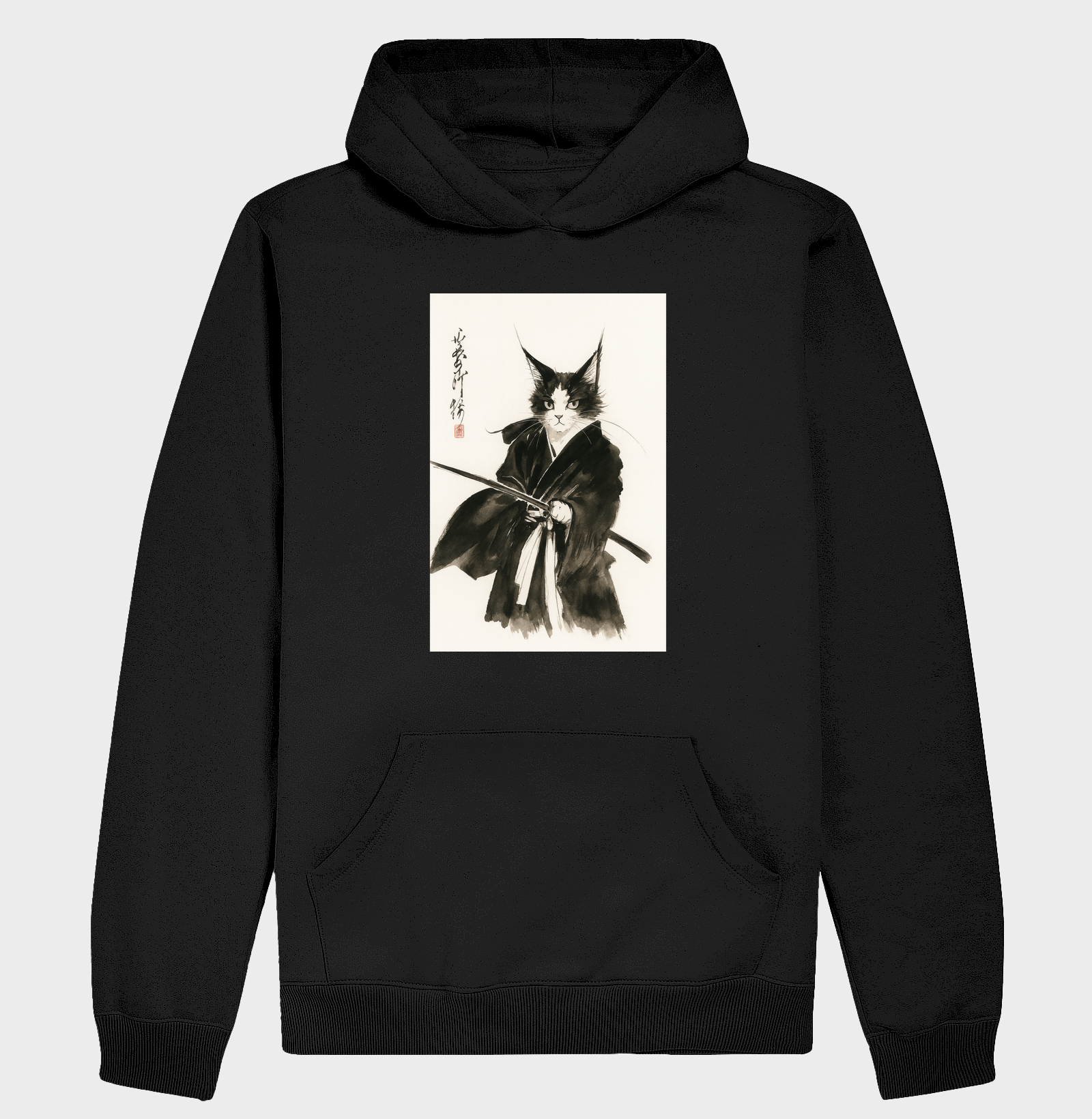 Camiseta Samurai Cat, Unissex com tingimento especial, perfeita para amantes de gatos — Presente único, estilo anime, moda divertida.