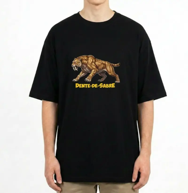 Camiseta Dinossauro Oversized Tigre Dente-De-Sabre Algodão Premium Dinoloco