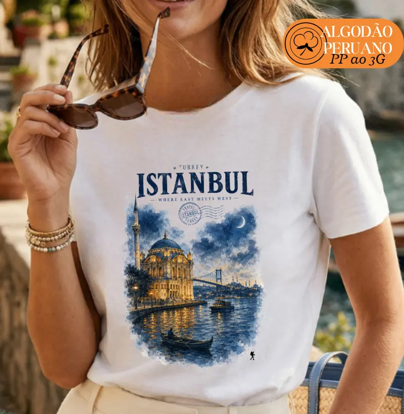 Camiseta Istanbul Turkey Where East Meets West | Aquarela Mesquita Bósforo | Colecao Fashion Travel