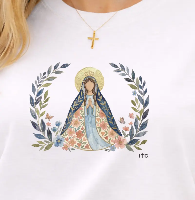Camiseta Virgem Maria em Aquarela 100% Algodão Premium