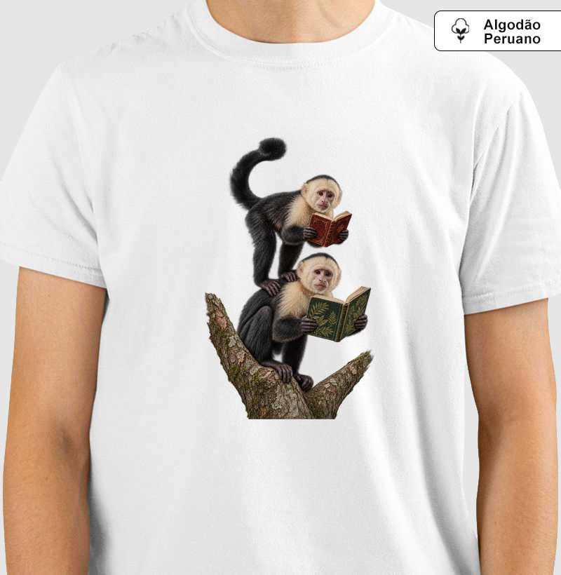 Leitura em Família - Macacos Capuchinhos - Camiseta Algodão Peruano