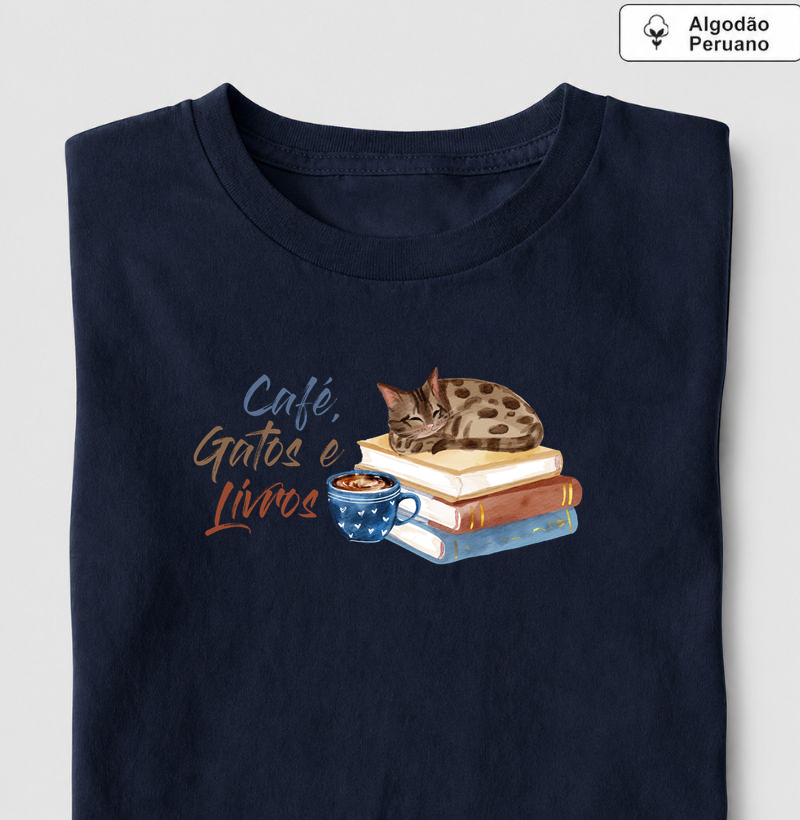 Café, Gatos e Livros - Camiseta Algodão Peruano
