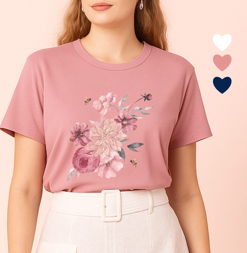 Camiseta Feminina Ilustrada Flores e Abelhas