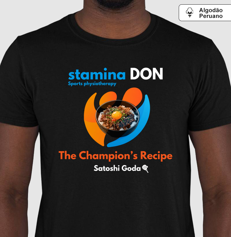 Camiseta masculina, feminia e unissex Algodão Peruano Feito por você "Stamina Don Satoshi Goda"
