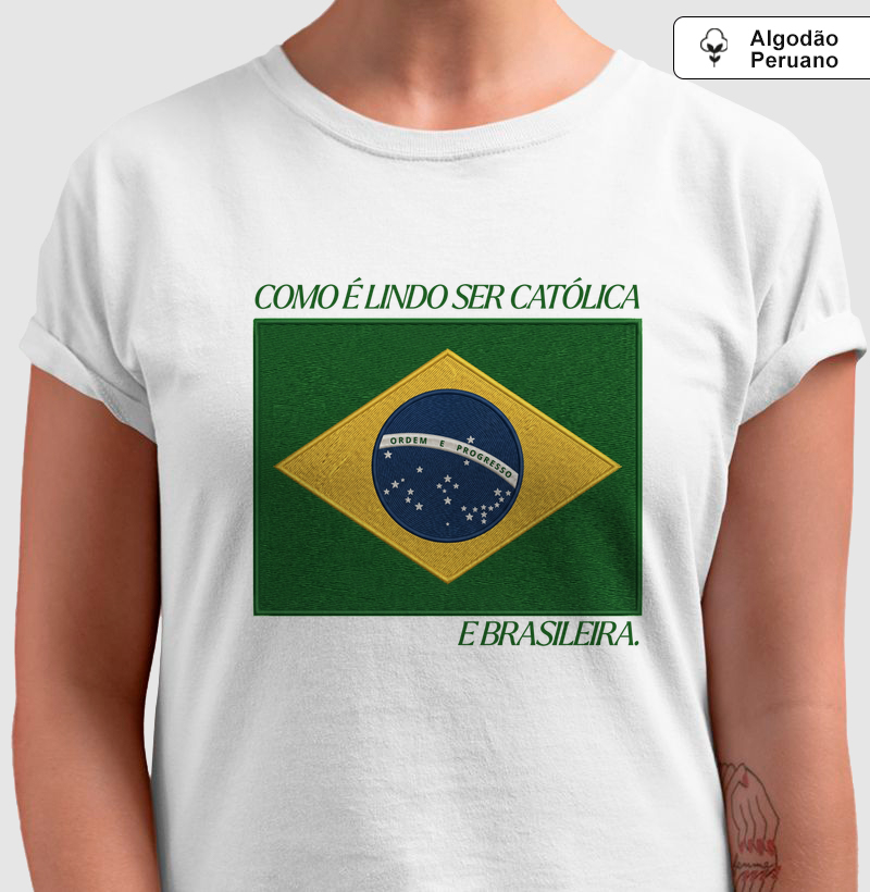Camiseta Algodão Peruano Brasil Bandeira Bordada