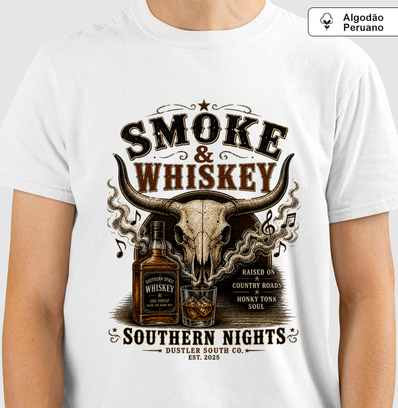 Camiseta Country Masculina Smoke & Whiskey Nights