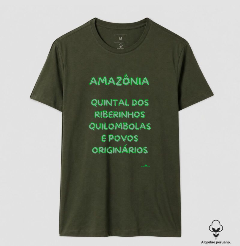 Camiseta  algodão peruano Amazônia quintal  dos Ribeirinhos, quilombolas e povos originários